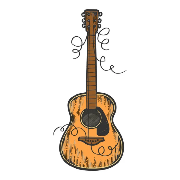 Guitarra con cuerdas desgarradas croquis grabado ilustración vectorial. Scratch board estilo imitación. Imagen dibujada a mano en blanco y negro . — Archivo Imágenes Vectoriales