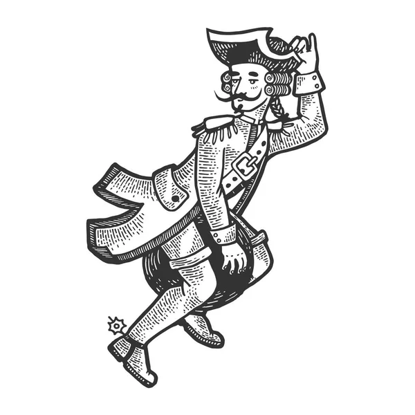 Барон фея персонаж летить на гарматне ядро ескіз гравіювання векторної ілюстрації. Подряпини стиль дошки імітація. Чорно-біле зображення, намальований рукою. — стоковий вектор