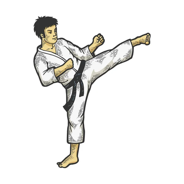 Karate atleta pie de patada en el área de la cabeza de color boceto grabado ilustración vectorial. Scratch board estilo imitación. Imagen dibujada a mano en blanco y negro . — Vector de stock