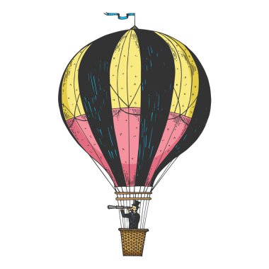 Beyefendi hava balonu bir sepet içinde teleskop bakıyor. Vintage Aerostat taşıma renk kroki oyma vektör illüstrasyon. Karalama panosu tarzı taklit. Siyah beyaz el çizilmiş görüntü.