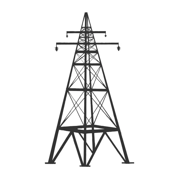 Vysokonapěťový napájecí line věž nákres s rytí vektorovou ilustrací. Napodobení stylu pomocné desky. Obrázek nakreslený Černobíle-bílá ruka. — Stockový vektor