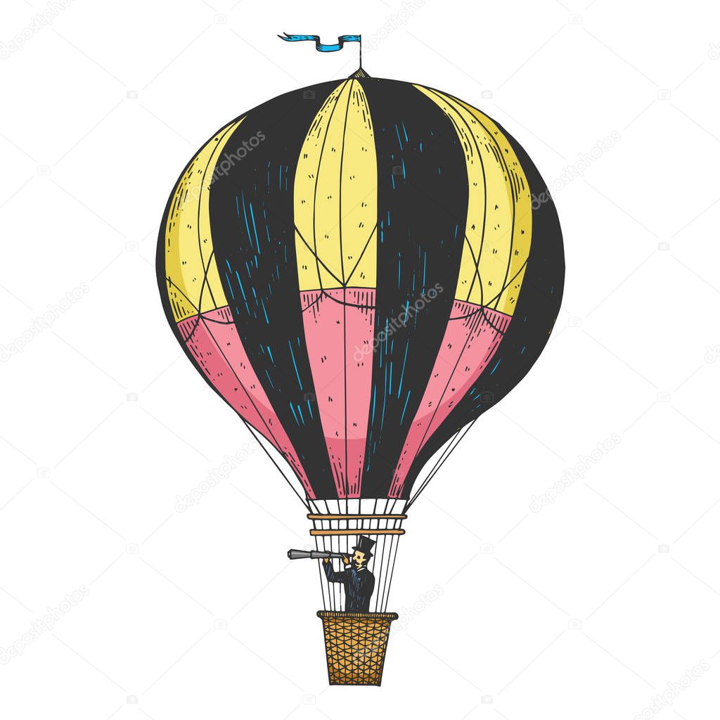Gentleman looks in telescope in a basket of air balloon. Vintage aerostat transport color sketch engraving vector illustration. Scratch board style imitation. Black and white hand drawn image.