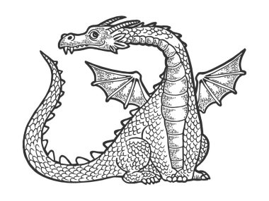 Dragon muhteşem efsanevi karikatür hayvan kroki oyma vektör illüstrasyon. Karalama panosu tarzı taklit. El çizilmiş görüntü.