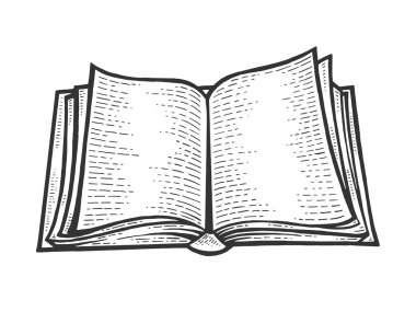 Açık kitap kroki oyma vektör illüstrasyon. Karalama panosu tarzı taklit. Siyah beyaz el çizilmiş görüntü.