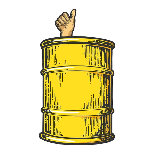 Thumb up in de industriële geel vat kleur schets gravure vector illustratie. Scratch board stijl imitatie. Zwart en wit hand getekend beeld. — Stockvector