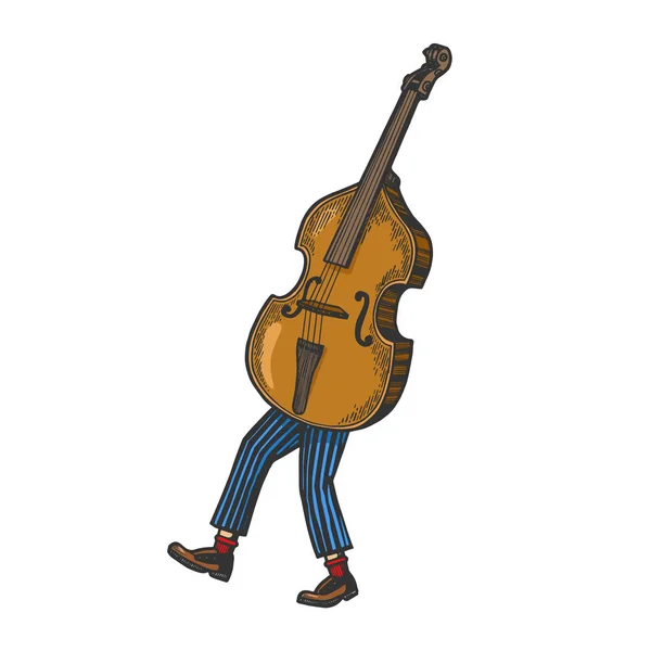 Kontrabass Violine Alt Cello Saiteninstrument geht auf seinen Füßen Farbskizze Graviervektorillustration. Scratch-Board-Imitat. Handgezeichnetes Schwarz-Weiß-Bild. — Stockvektor