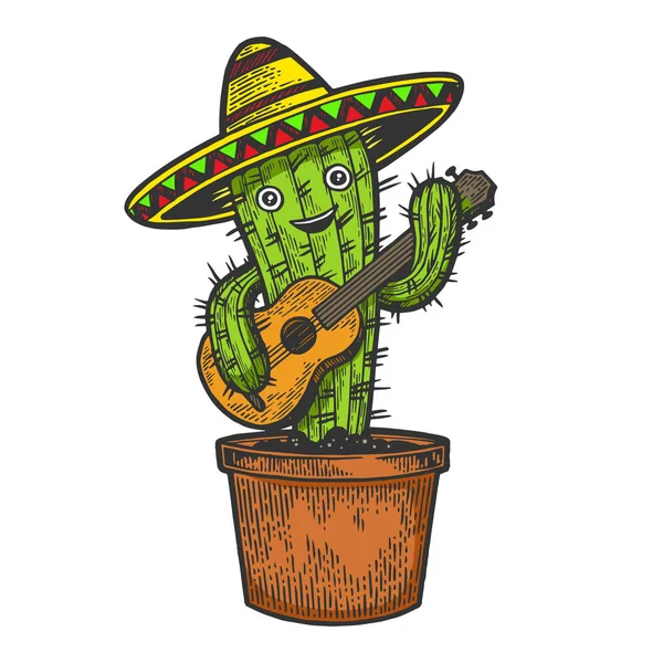 Kreskówka meksykański Kaktus charakter z gitarą i Sombrero Grawerowanie szkic ilustracji wektorowych. Imitacja stylu deski. Czarno-biały rysunek ręcznie rysowane. — Wektor stockowy