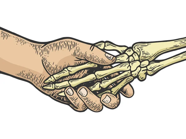 Esqueleto da morte handshake cor esboço gravura vetor ilustração. Imitação de estilo Scratch board. Imagem desenhada à mão preto e branco . — Vetor de Stock