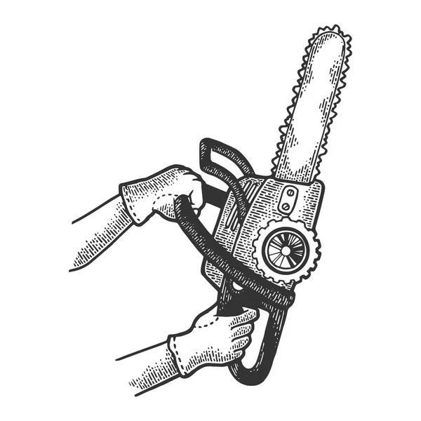 Sierra de cadena en las manos boceto grabado vector ilustración. Scratch board estilo imitación. Imagen dibujada a mano en blanco y negro . — Vector de stock