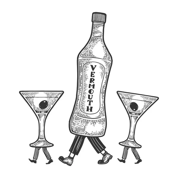 Vermouth flaska med glas koppar går på fötterna skiss gravyr vektor illustration. Scratch Board stil imitation. Svart och vit handritad bild. — Stock vektor