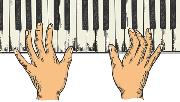 Mains et touches de piano croquis en couleur gravure vectorielle illustration. Imitation de style scratch board. Image dessinée à la main noir et blanc . — Image vectorielle