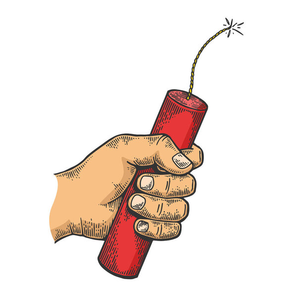 Рука с динамитовой бомбой цветной эскиз гравировки векторной иллюстрации. Имитация в стиле Scratch board. Черно-белое изображение
.