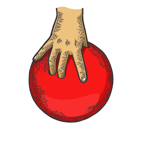Ręka z Bowling Ball kolor szkic Grawerowanie ilustracji wektorowych. Imitacja stylu deski. Czarno-biały rysunek ręcznie rysowane. — Wektor stockowy