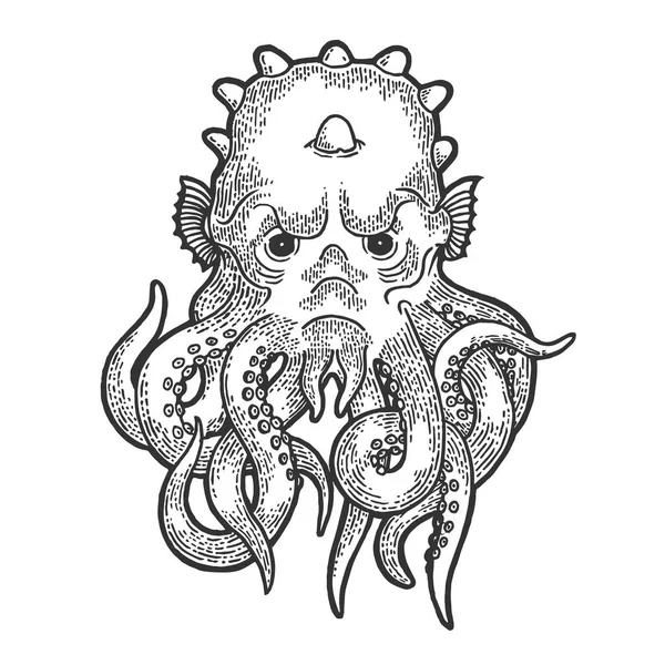 Cthulhu cabeza mito criatura boceto grabado vector ilustración. Scratch board estilo imitación. Imagen dibujada a mano en blanco y negro . — Archivo Imágenes Vectoriales