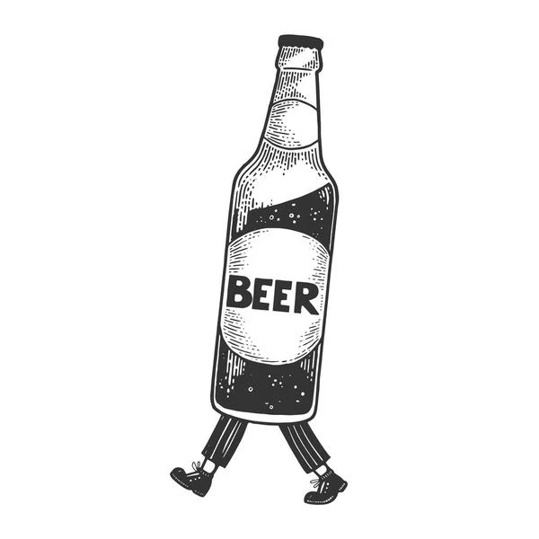 Birra bottiglia cammina sui suoi piedi schizzo incisione vettoriale illustrazione. Imitazione in stile gratta e vinci. Immagine disegnata a mano in bianco e nero . — Vettoriale Stock