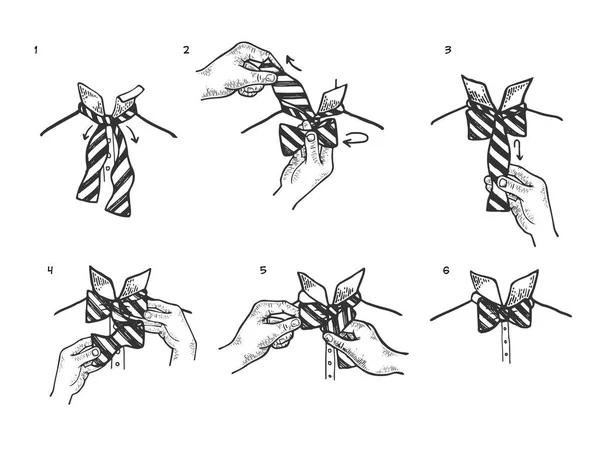 Instructions nœud papillon croquis gravure illustration vectorielle. Imitation de style scratch board. Image dessinée à la main noir et blanc . — Image vectorielle