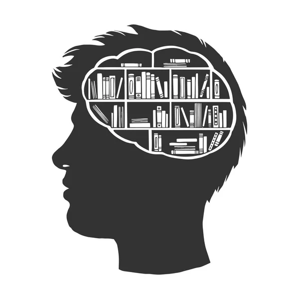 Hombre con biblioteca de libros en la ilustración del vector de grabado del boceto de la vendimia cerebral. Metáfora del conocimiento y la erudición. Scratch board estilo imitación. Imagen dibujada a mano en blanco y negro . — Archivo Imágenes Vectoriales