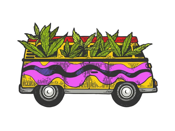 Minibus van med ukrudt cannabis blad farve skitse gravering vektor illustration. Scratch board stil efterligning. Sort og hvid håndtegnet billede . – Stock-vektor