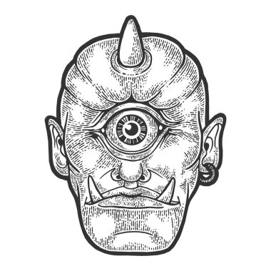 Cyclop Antik Yunan mit yaratık çizim gravür vektör illüstrasyon. Scratch tahta tarzı taklit. Siyah beyaz elle çizilmiş görüntü.