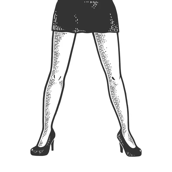 Ноги молодой женщины в короткой сексуальной мини-юбке эскиз гравировки векторной иллюстрации. Имитация в стиле Scratch board. Черно-белое изображение . — стоковый вектор