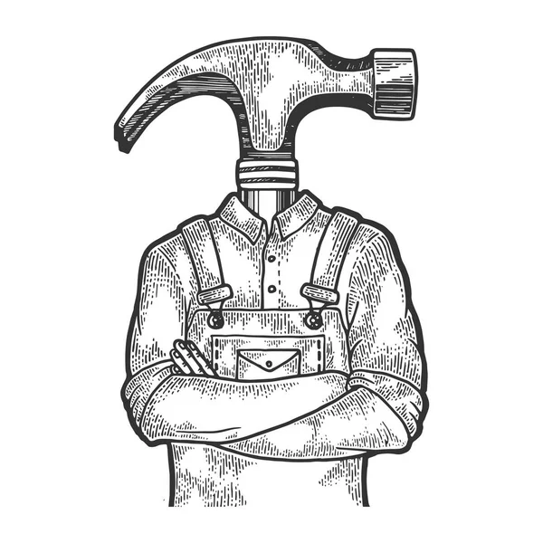 锤头建筑工人木匠素描雕刻矢量插图。刮板式仿制。黑白手绘图像. — 图库矢量图片