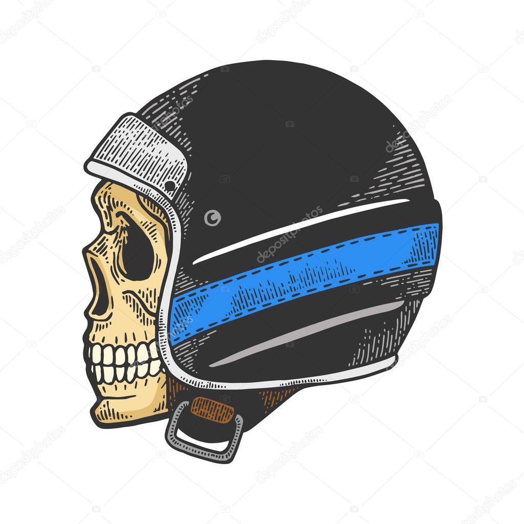 Skull in old motorcycle helmet color sketch engraving vector illustration. Scratch board style imitation. Hand drawn image.