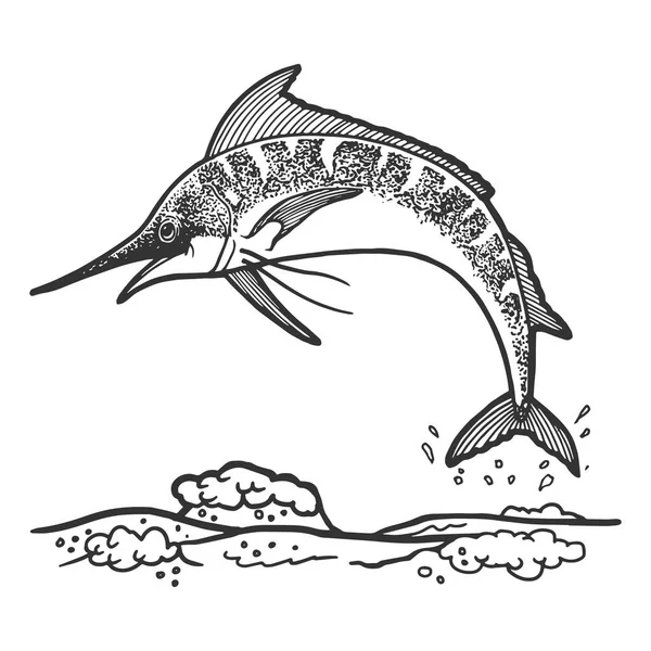 剑鱼马林从水中跳来素描雕刻载体插图。刮板式仿制。手绘图像. — 图库矢量图片