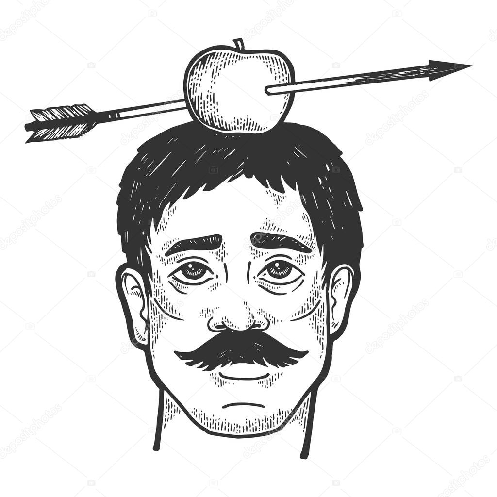 Apple on man head shot with arrow sketch engraving vector illustration. Scratch board style imitation. Black and white hand drawn image.