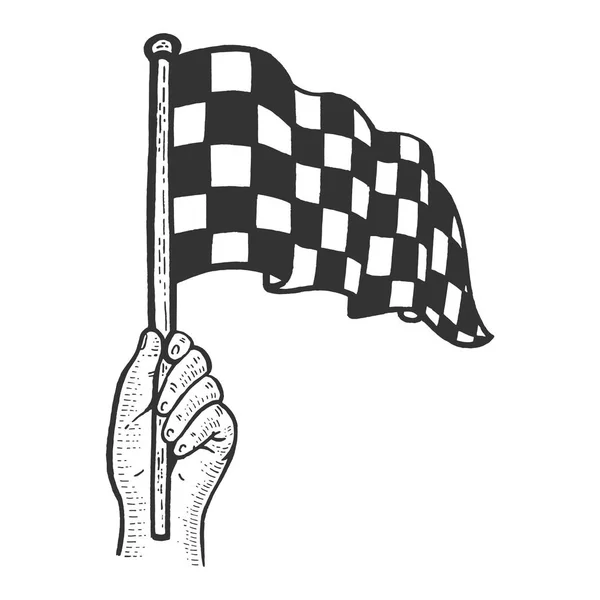 Гонки клетчатый флаг в руке флаг эскиз гравировки векторной иллюстрации. Имитация в стиле Scratch board. Черно-белое изображение . — стоковый вектор