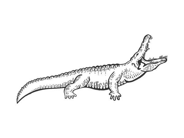 Алігатор крокодил ескіз гравіювання Векторні ілюстрації. Імітація стилю подряпини дошки. Чорно-біле намальоване зображення руки . — стоковий вектор