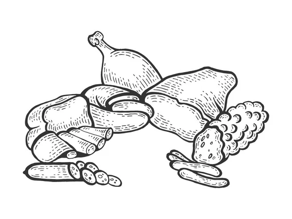Produits de viande croquis gravure vectoriel illustration — Image vectorielle