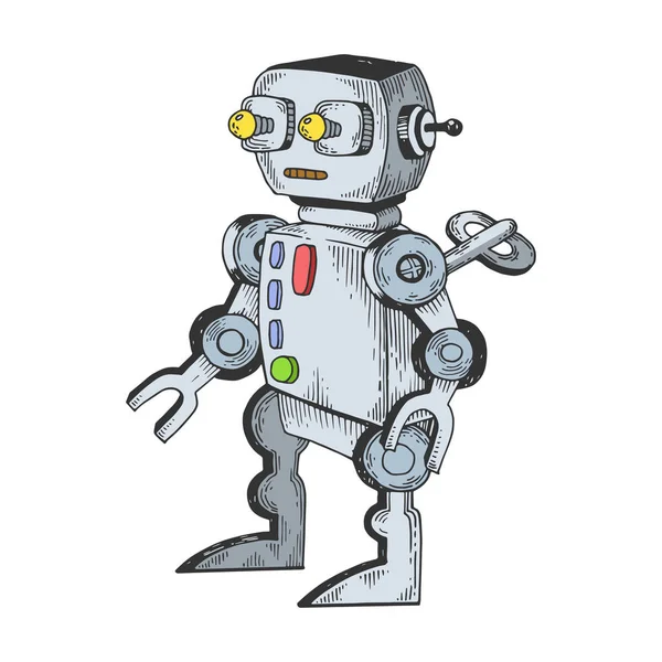 Mechaniczna zabawka Robot szkic Grawerowanie wektor — Wektor stockowy
