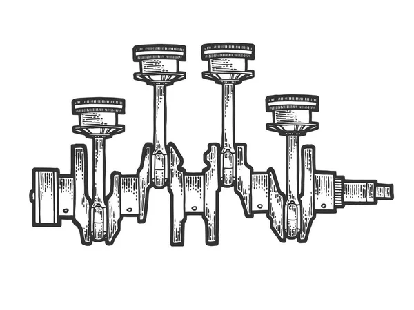 Moteur automobile pistons moteur sur vilebrequin croquis gravure vectorielle illustration. Imitation de style scratch board. Image dessinée à la main noir et blanc . — Image vectorielle