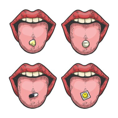 İlaca uyuşturucu hapı ve Lsd damga sıyrık çizimi vektör illüstrasyon. Scratch tahta tarzı taklit. Siyah beyaz elle çizilmiş görüntü.