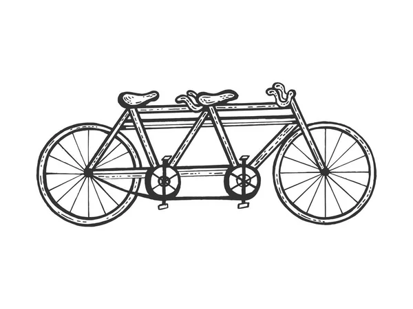 Fiets tandem schets gravure vector illustratie. Imitatie van Scratch board stijl. Zwart-wit hand getekende afbeelding. — Stockvector