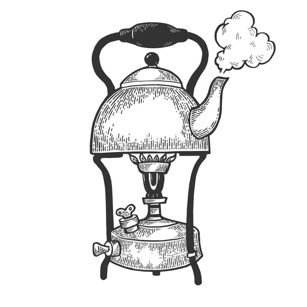 Old boiling kettle pot on primus stove sketch engraving vector illustration. Scratch board style imitation. Hand drawn image. — Stock Vector