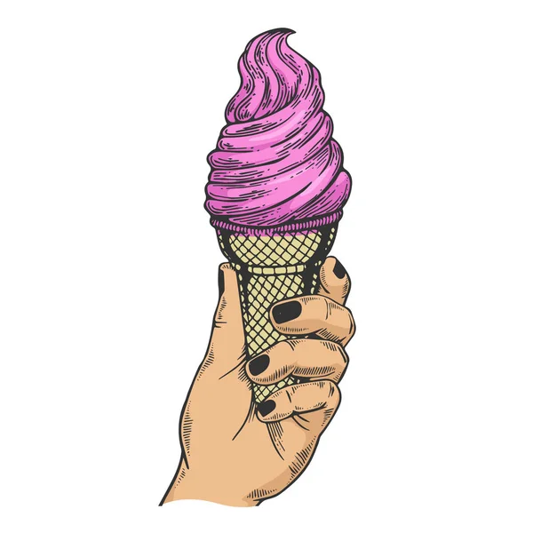 Ice cream in hand color sketch engraving vector illustration. Scratch board style imitation. Black and white hand drawn image. — Stock Vector