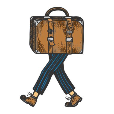 Bavul çanta ayakları renkli kroki gravür vektör illüstrasyon üzerinde yürüyor. Scratch tahta tarzı taklit. Siyah beyaz elle çizilmiş görüntü.