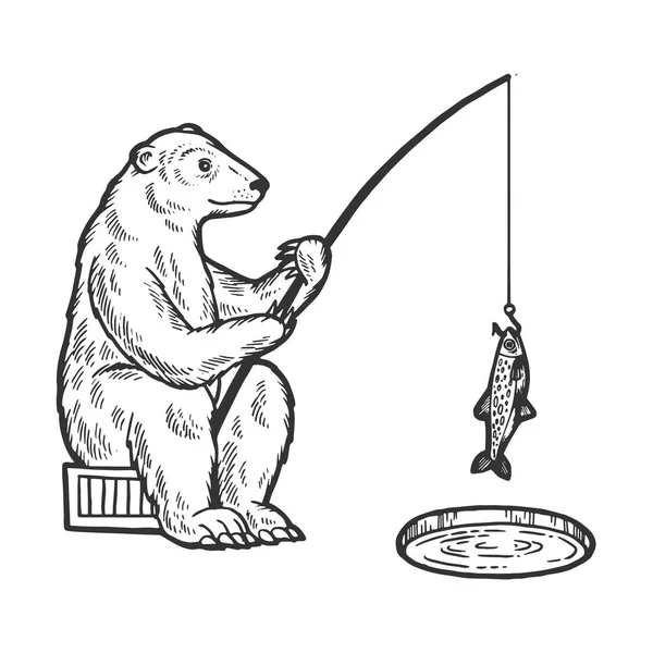 Pesca dell'orso polare con canna da pesca in foro in schizzo di ghiaccio incisione vettoriale illustrazione. Imitazione in stile gratta e vinci. Immagine disegnata a mano . — Vettoriale Stock