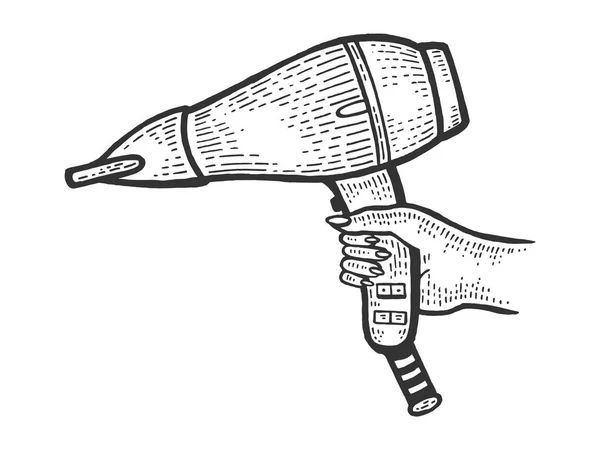 Secador de cabelo em mão esboço gravura vetor ilustração. Imitação de estilo Scratch board. Imagem desenhada à mão preto e branco . — Vetor de Stock