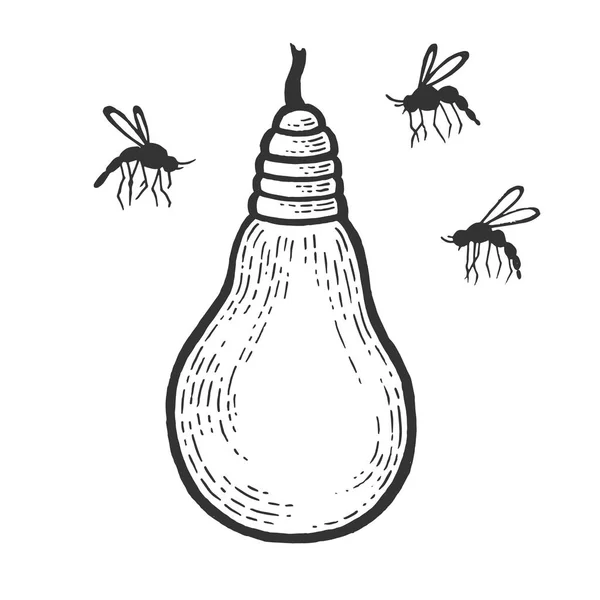 Muggen vliegen rond lamp Bulb schets gravure vector illustratie. Imitatie van Scratch board stijl. Zwart-wit hand getekende afbeelding. — Stockvector