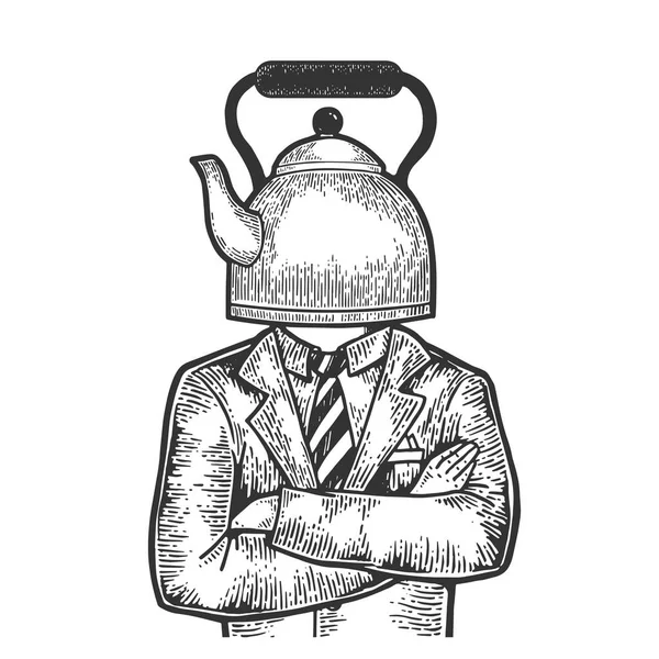 Kettle pot cabeça empresário esboço gravura vetor ilustração. Imitação de estilo Scratch board. Imagem desenhada à mão preto e branco . — Vetor de Stock
