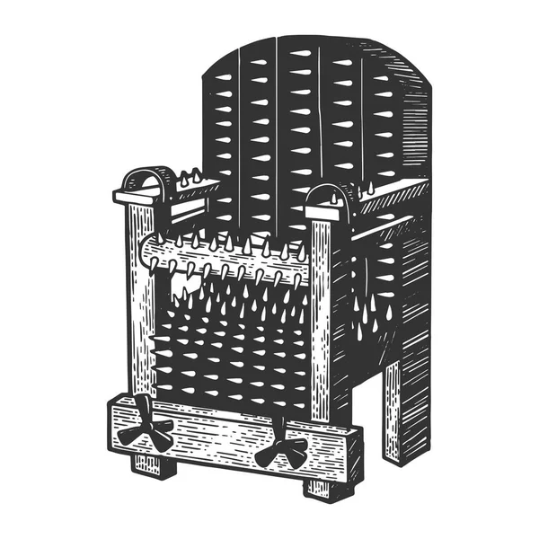 Cadeira de ferro dispositivo de tortura medieval esboço gravura vetor ilustração. Imitação de estilo Scratch board. Imagem desenhada à mão . — Vetor de Stock