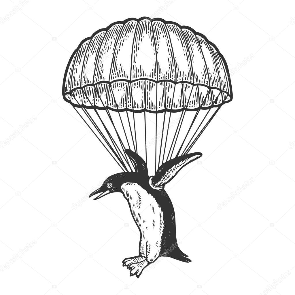 Penguin bird fly with parachute as paratrooper sketch engraving vector illustration. Scratch board style imitation. Hand drawn image.