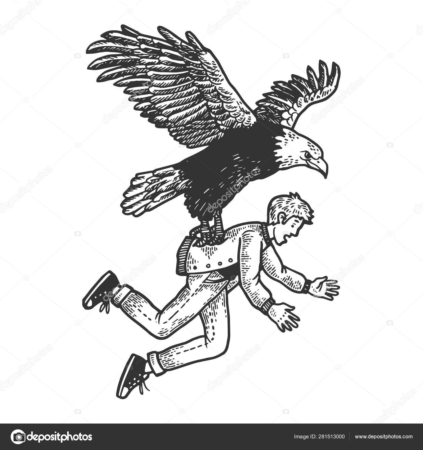 Rovfugl kidnapper mennesketegning af indgraveringsvektorillustration.  Scratch board stil efterligning. Sort og hvid håndtegnet billede .  Stockvektor af ©AlexanderPokusay 281513000, image size:1600x1700