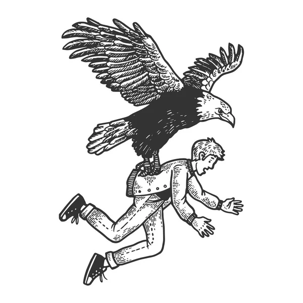 Eagle madár ragadozó elrabol emberi személy vázlat gravírozás vektor illusztráció. Scratch Board stílus utánzat. Kézzel rajzolt kép fekete-fehér. — Stock Vector