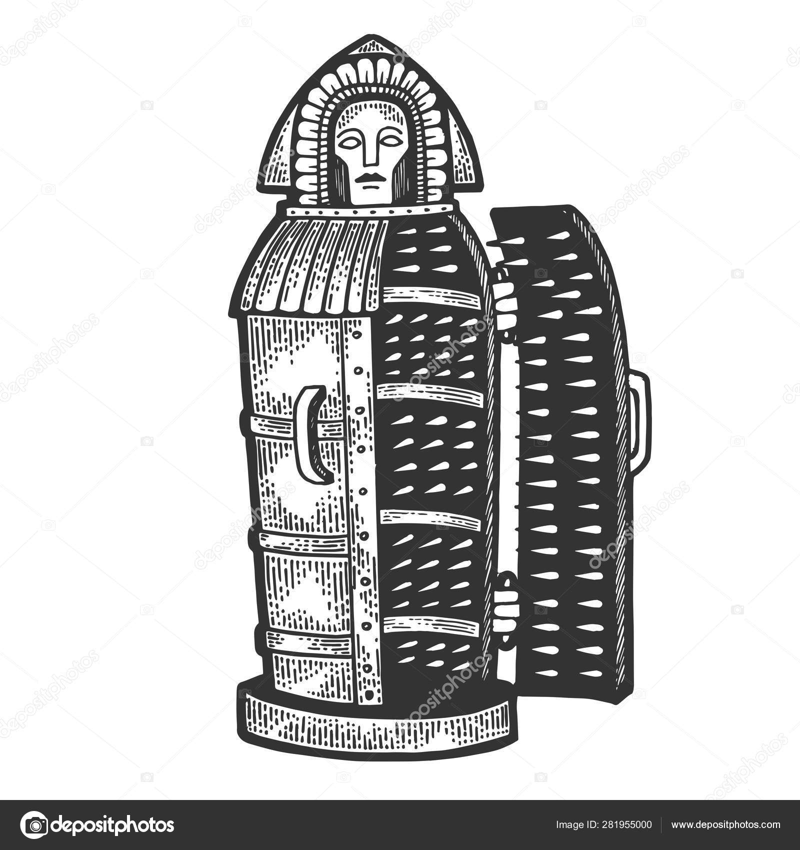 Iron maiden medieval torture device sketch engraving vector illustration (em inglês). Imitação