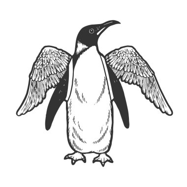 Sahte yapay kanatları çizim vektör illüstrasyon ile Penguen kuş. Scratch tahta tarzı taklit. Elle çizilmiş görüntü.