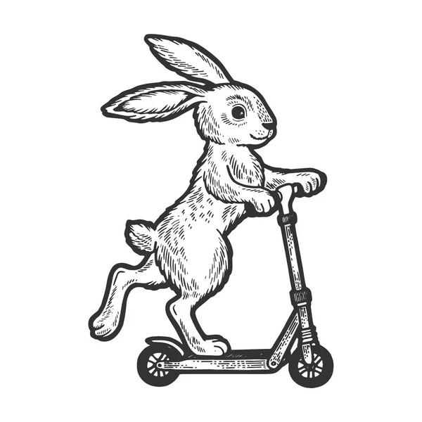 Bunny jezdila na skútru s rytou vektorovou ilustrací. Napodobení stylu pomocné desky. Obrázek nakreslený Černobíle-bílá ruka. — Stockový vektor