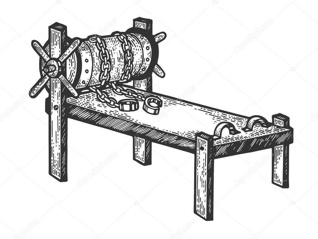 Rack medieval torture device sketch engraving vector illustration. Scratch board style imitation. Hand drawn image.